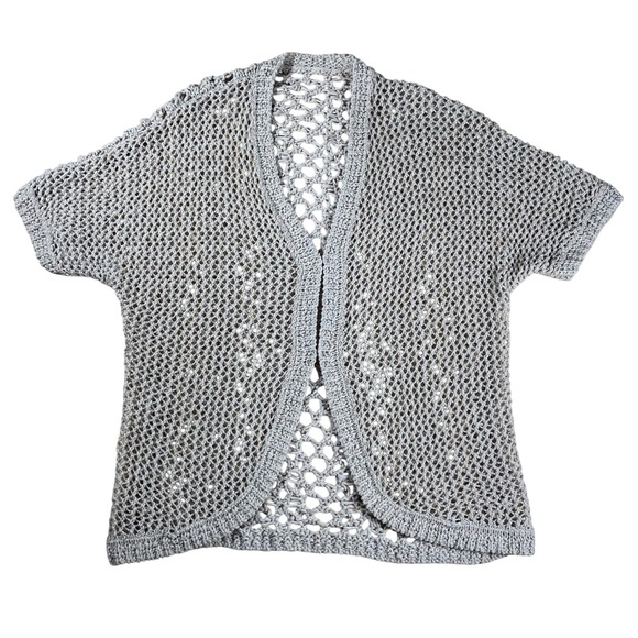 Boho Crochet Knit Open Front Cardigan Size Large Cover Up Neutral Toned Top - Picture 1 of 4
